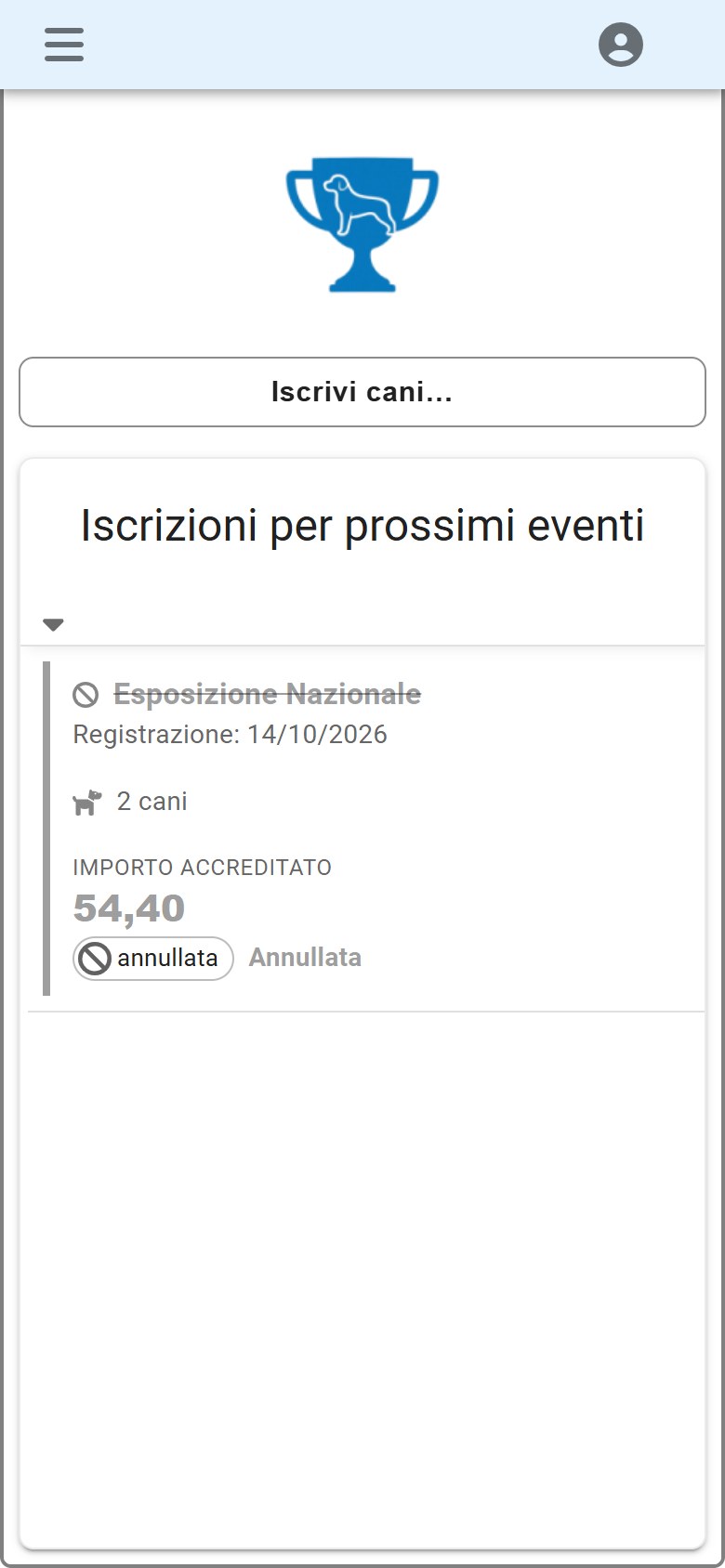 Un'iscrizione annullata: l'importo torna all'espositore come credito.