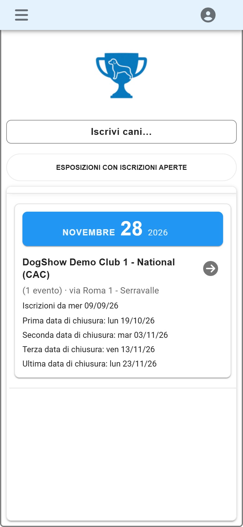 DogShow sul telefono dell'espositore: le esposizioni con le iscrizioni aperte.